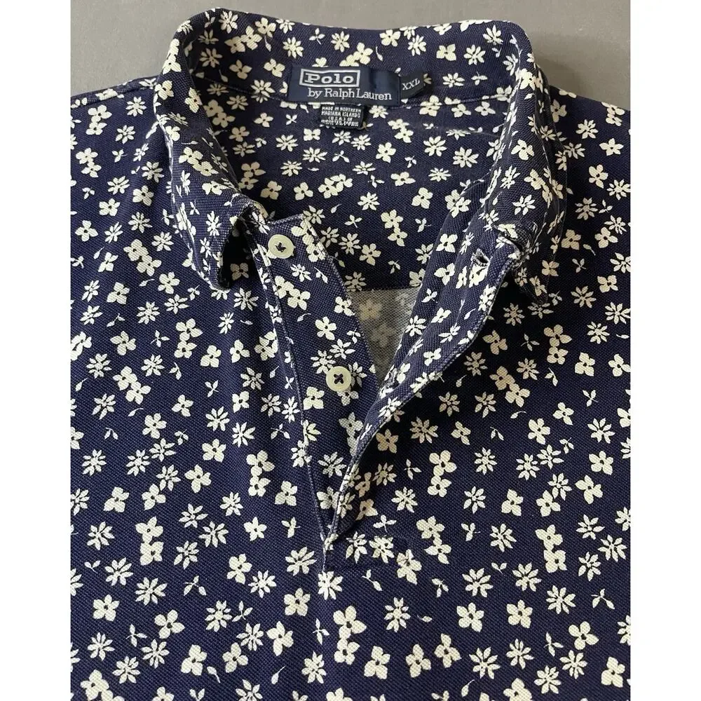 Vintage 90s Polo Ralph Lauren XXL Navy Floral Polo Shirt Made in USA Terr.